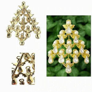 Vintage Angel Christmas Tree Crystal Pearl Gold Brooch  Signed BW Butler Wilson